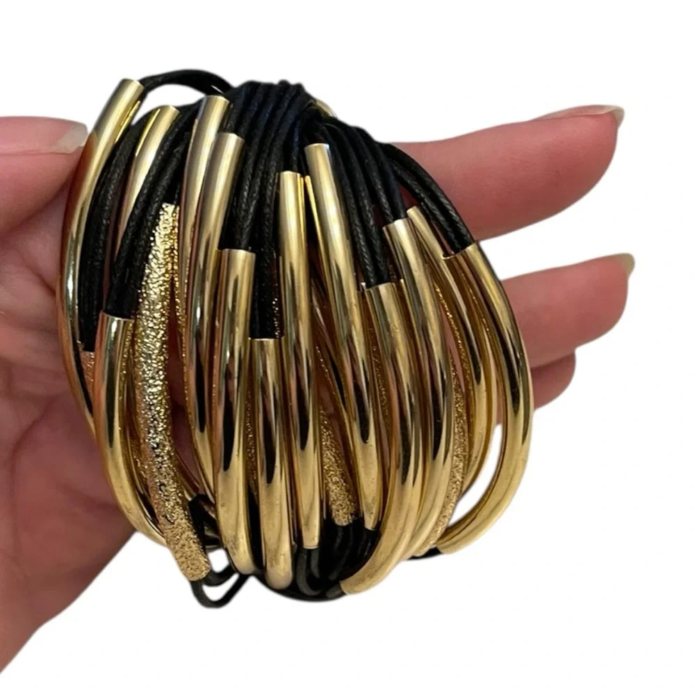 SAACHI Black & Gold Multi-Strand Bracelet - Black Cord with Gold Tube Beads